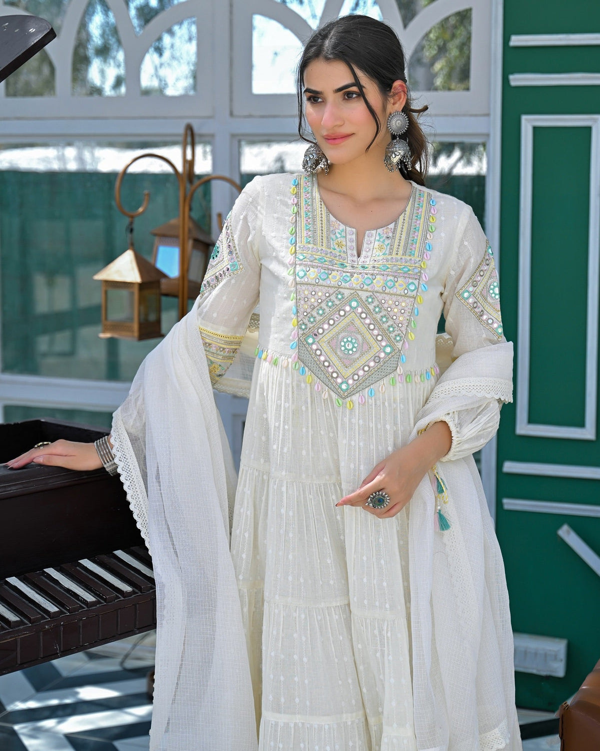 Rooprangi Women's Premium Flex Butti Cotton Embroidered Kurta Palazzo Set with Cota Checks Dupatta | Ivory White & Baby Pink