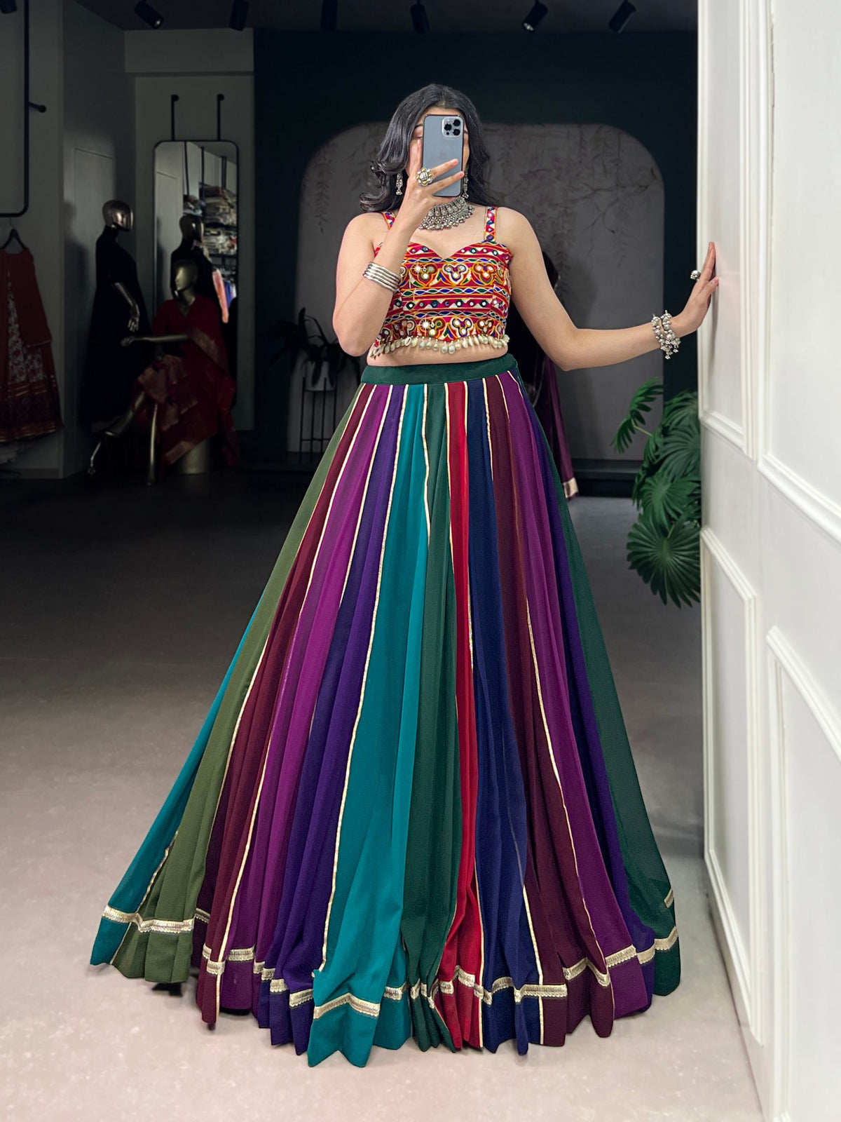 Multicolor Pure Cotton Navratri Lehenga Choli with Mirror Work & Kutchi Lace