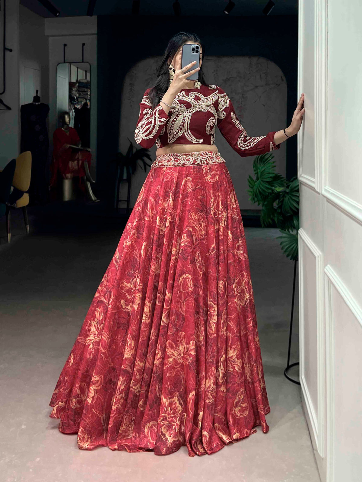 Wine & Emerald Printed Tasar Silk Lehenga with Embroidered Naysha Silk Blouse | Designer Party Wear Lehenga for Women