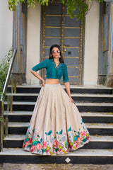 Cream Floral Printed Tassar Silk Lehenga with Handworked Banglory Blouse | Designer Festive Lehenga Set for Women