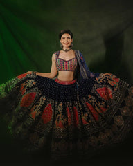 RoopRangi Women's Royal Navy Blue Printed Muslin Cotton Lehenga Choli Set with Real Mirror Work & Dupatta