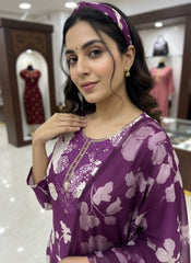 Purple Magic Cotton Embroidered Kurti Pant Set with Digital Print Dupatta