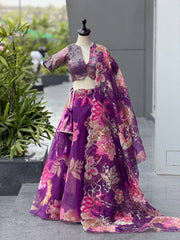 Purple Organza Digital Printed Lehenga Set with Sequins Blouse & Designer Batwa