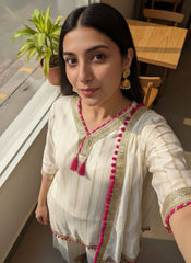 White Chanderi Silk 3 Piece Kurti Pant Set with Dupatta & Fancy Lace Work