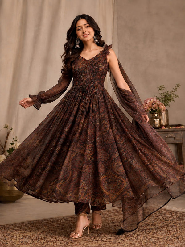 Floral Organza Silk Anarkali Suit Set with Matching Hair Bow | Pure Organza Digital Print