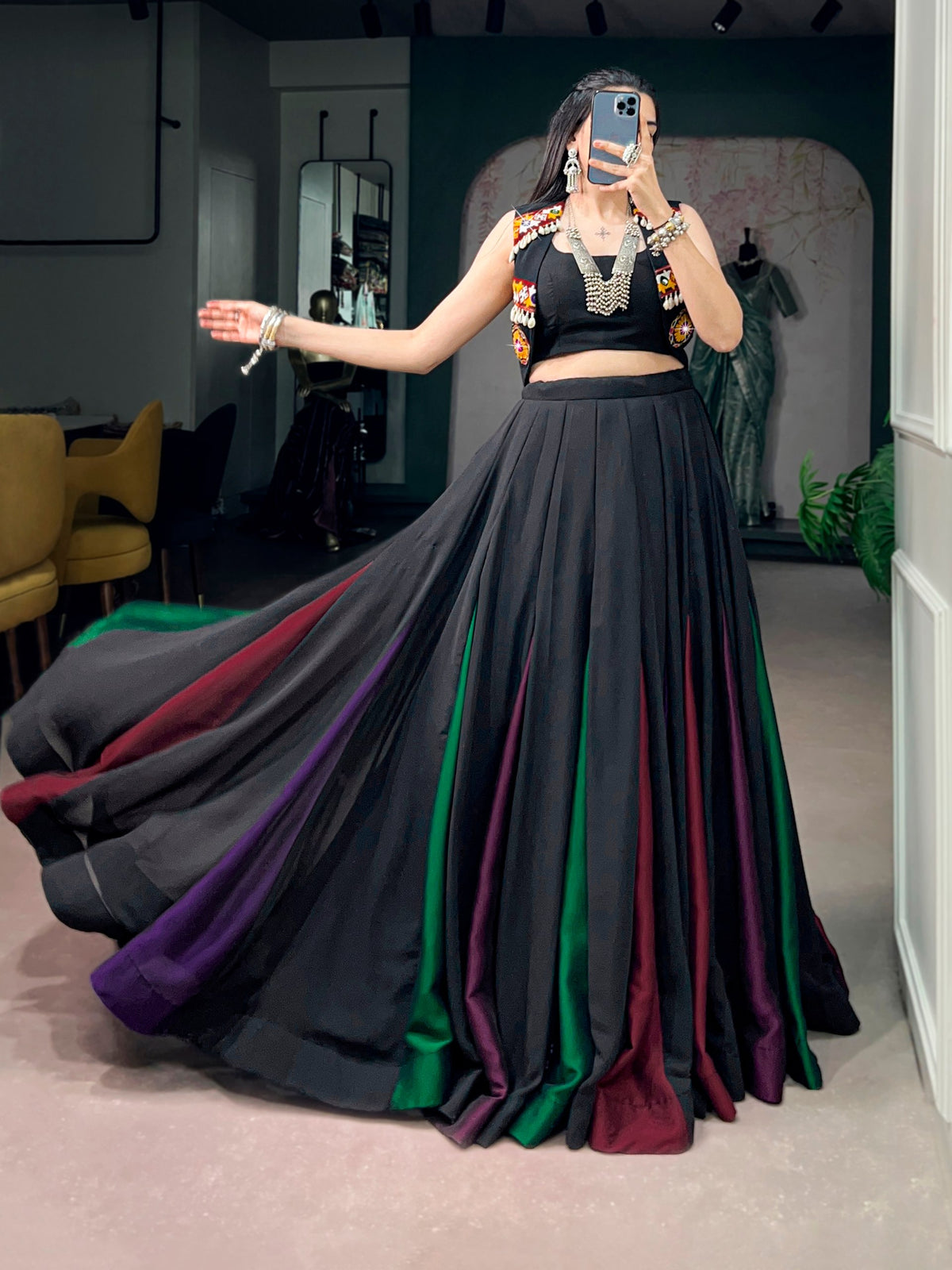 Rooprangi Women's Black Georgette Navratri Lehenga Choli Set with Gamthi Work Koti | 9 Meter Flair