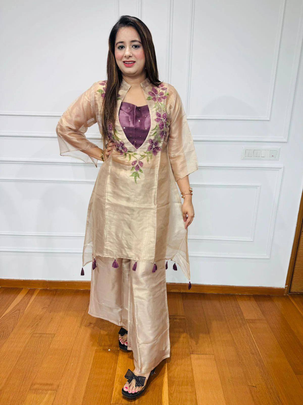 Organza Co-Ord Set with Embroidered Sheer Kurti, Blouse & Pant (3 Colors)