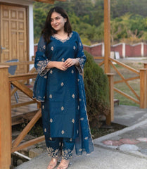Premium Roman Silk Embroidered Suit Set with Organza Dupatta | Designer Ethnic Wear for Women