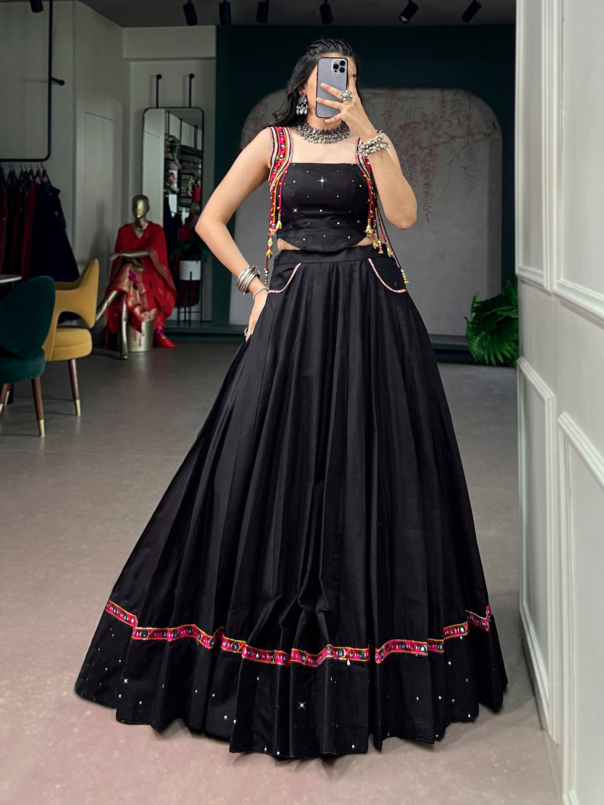 Classic Black Pure Cotton Navratri Lehenga Choli with Mirror Work & Kutchi Lace