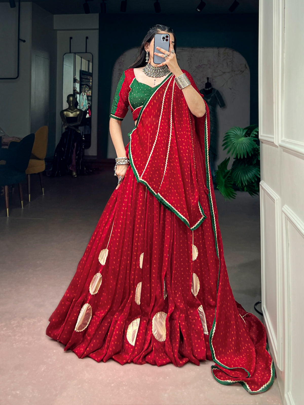 Navratri Special Bandhej Print Satin Chiffon Lehenga Choli with Dola Silk Hotfix Blouse & Dupatta