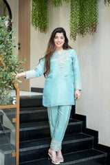 Blush Pink & Aqua Blue Premium Simmar Silk Mirror & Sequence Embroidered Kurta Palazzo Set