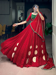 Navratri Special Bandhej Print Satin Chiffon Lehenga Choli with Dola Silk Hotfix Blouse & Dupatta