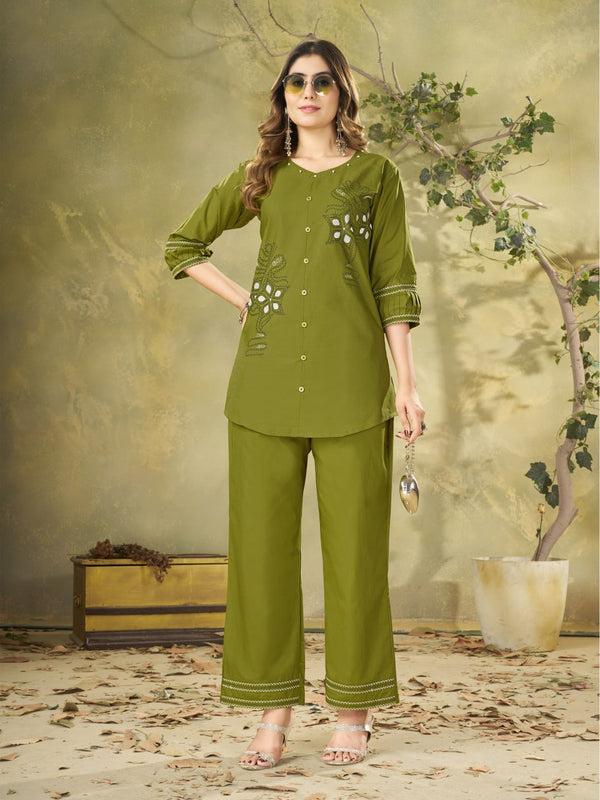 Pure Cotton Embroidered Co-Ord Set for Women | Stylish 3/4 Sleeve Top & Straight Pant
