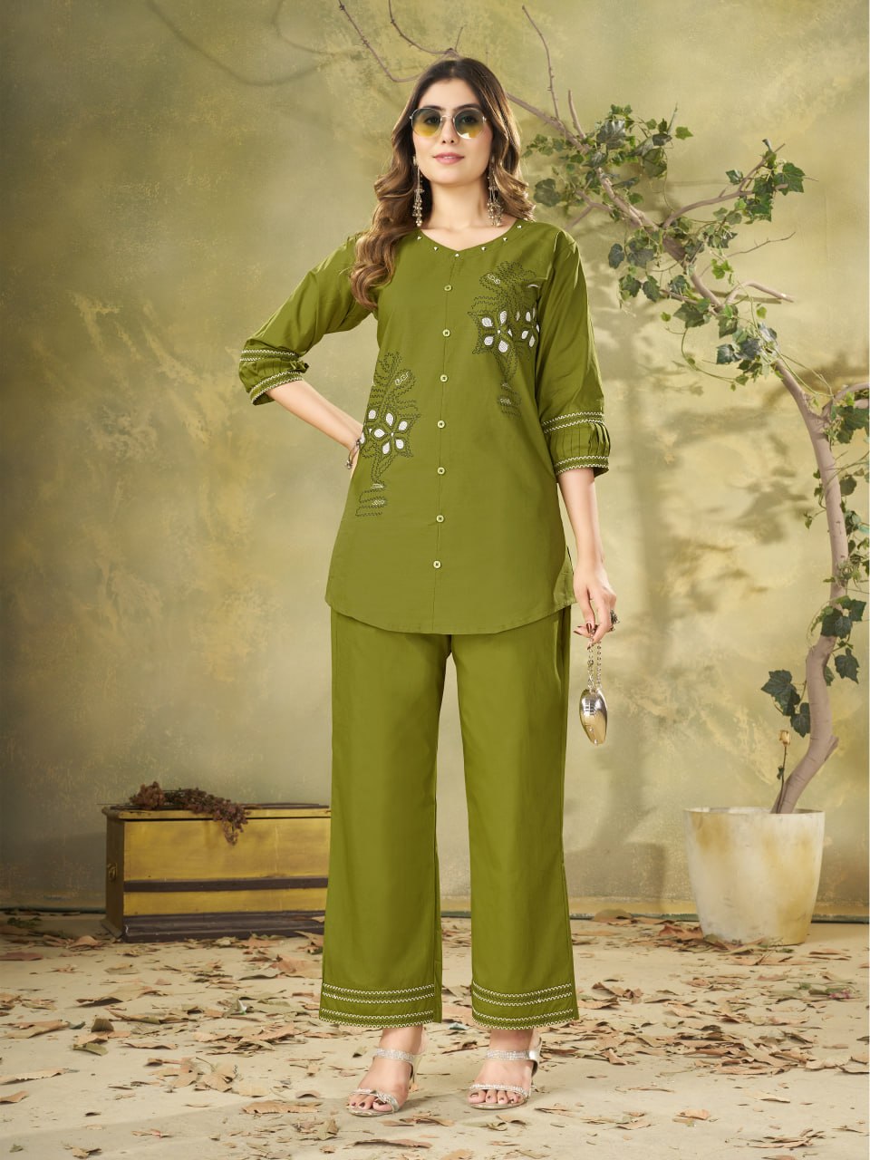 Pure Cotton Embroidered Co-Ord Set for Women | Stylish 3/4 Sleeve Top & Straight Pant