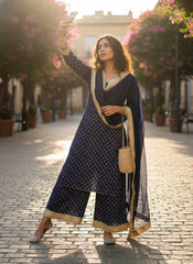 Navy Blue Georgette Printed Kurti Plazzo Set with Dupatta | Designer Festive Ethnic Wear for Women