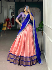 Kanchipuram Silk Lehenga Choli with Embroidered Georgette Dupatta | Zari Weaving Designer Lehenga Set for Women