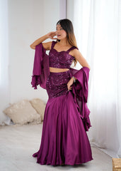 Purple Sequin Embroidered Net Lehenga Skirt Set with Padded Blouse & Crepe Dupatta