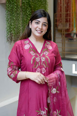 Rani Pink Premium BSY Chanderi Silk Embroidered Kurta Pant Set with Organza Dupatta