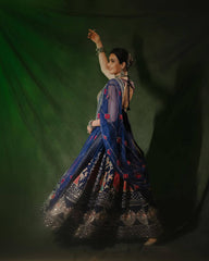 RoopRangi Women's Royal Navy Blue Printed Muslin Cotton Lehenga Choli Set with Real Mirror Work & Dupatta