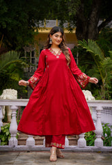 Olive Green & Ruby Red Chanderi Silk Embroidered Anarkali Kurta Pant Set with Organza Dupatta