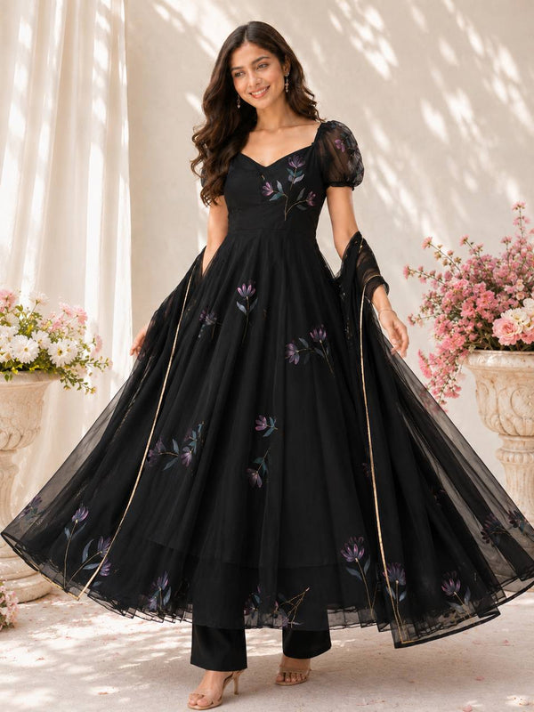 Rooprangi Women's Handpainted Georgette Anarkali Suit Set with Dupatta