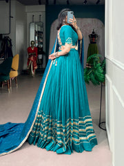Teal Blue Chanderi Navratri Lehenga Choli Set with Mirror Work & Zari Butti Dupatta