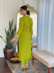 Red & Lime Green Viscose Bandhani Print Embroidered Kurta Pant Set with Muslin Dupatta