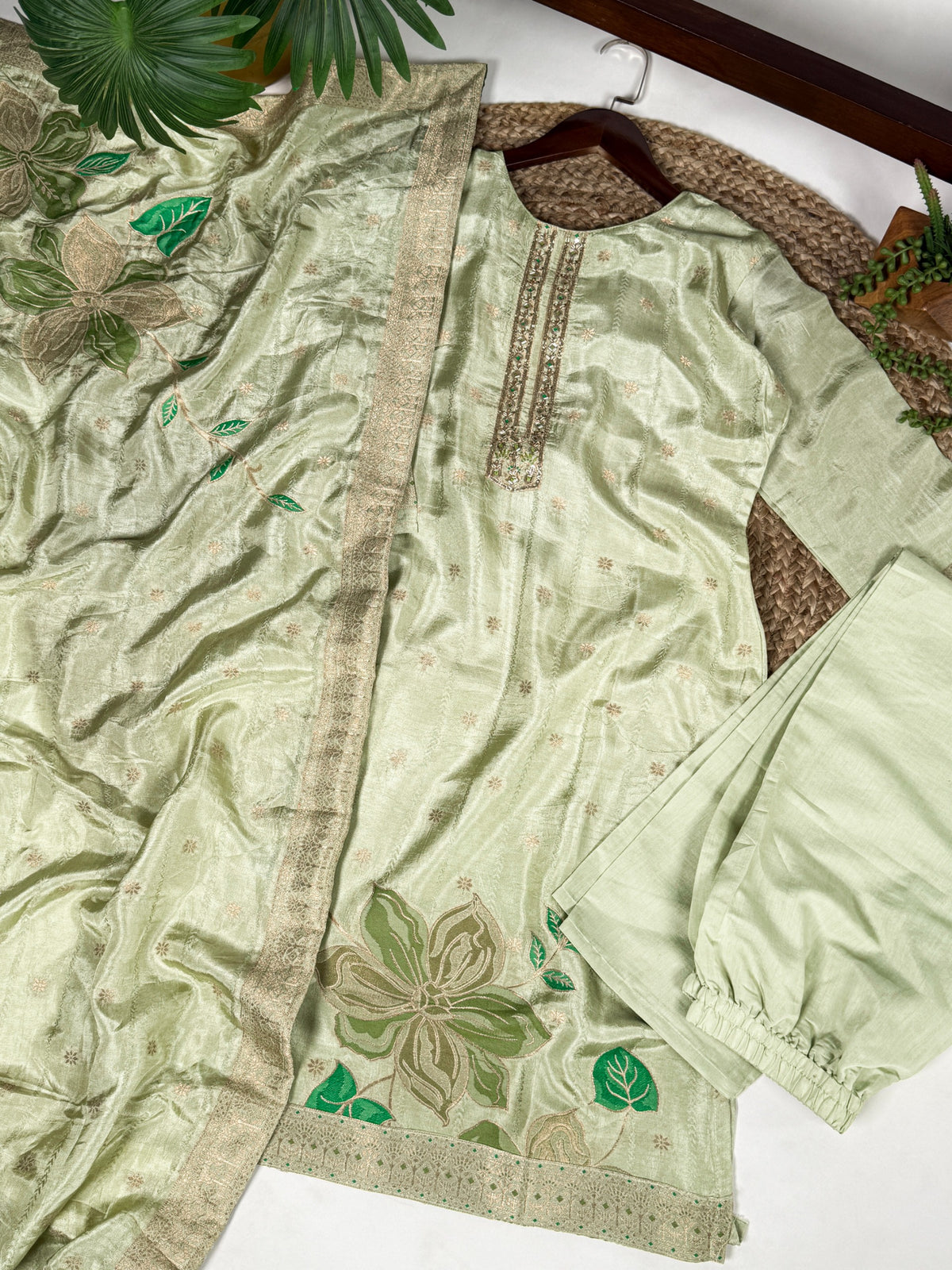 Elegant Pastel Green Pure Viscose Handwork & Zari Weaving Suit Set