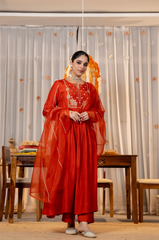 Ruby Red, Burnt Orange & Emerald Green Chanderi Silk Embroidered Anarkali Kurta Pant Set with Organza Dupatta