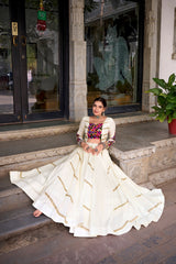 Ivory White Rayon Navratri Lehenga Choli with Mirror Gamthi Work