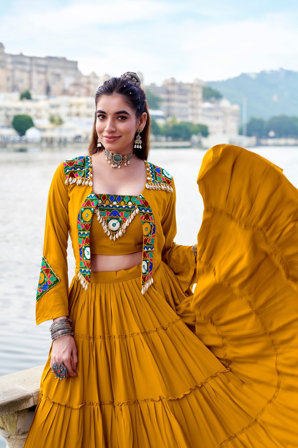 Premium Rayon Navratri Lehenga Choli Set with Traditional Gamthi Work Jacket
