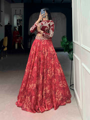 Wine & Emerald Printed Tasar Silk Lehenga with Embroidered Naysha Silk Blouse | Designer Party Wear Lehenga for Women