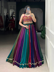 Multicolor Pure Cotton Navratri Lehenga Choli with Mirror Work & Kutchi Lace