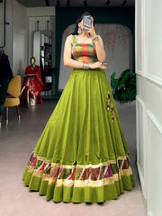 Olive Green Cotton Navratri Lehenga Choli with Zari Weaving & Cowrie Lace Blouse
