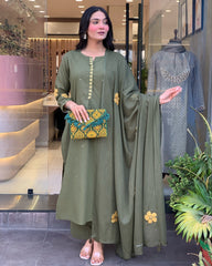 Olive Green Chanderi Silk Embroidered Kurta Pant Set with Chanderi Dupatta | Festive & Party Wear