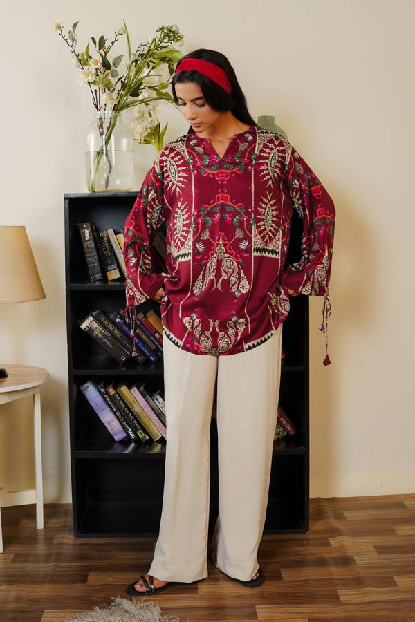 Cherry Red Premium Rayon Cotton Printed Co-Ord Set for Women | Designer Kurti & Plazzo