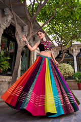 Multicolor Patchwork Rayon Navratri Lehenga Choli with Mirror Work Blouse