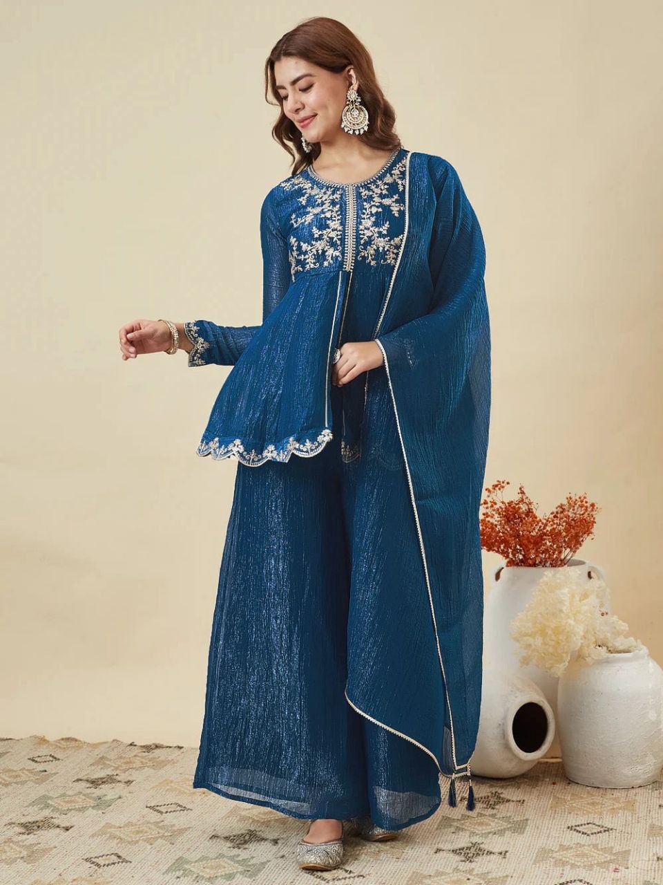 Premium Crunchy Silk Embroidered Peplum Palazzo Suit Set with Matching Crunchy Silk Dupatta | Designer Ethnic Wear for Women