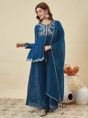 Premium Crunchy Silk Embroidered Peplum Palazzo Suit Set with Matching Crunchy Silk Dupatta | Designer Ethnic Wear for Women