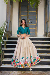 Cream Floral Printed Tassar Silk Lehenga with Handworked Banglory Blouse | Designer Festive Lehenga Set for Women