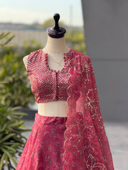 Rose Pink Jimmy Organza Digital Printed Lehenga Set with Sequins Blouse & Designer Batwa