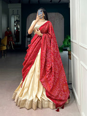 Designer Poly Kotha Tasar Lehenga Choli with Printed Dupatta | Traditional Zari Border Festive Lehenga Set for Women