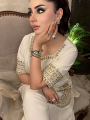 Women's Premium Chinon Embroidered Kurta Palazzo Set with Organza Dupatta | Off White Party Wear Suit