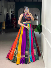 Multicolor Pure Rayon Navratri Lehenga Choli with Mirror Work & Cowrie Lace Blouse