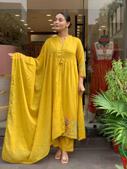 Rooprangi Women's Premium Chanderi Silk Embroidered Kurta Pant Set with Chanderi Dupatta | Olive Green & Mustard Yellow