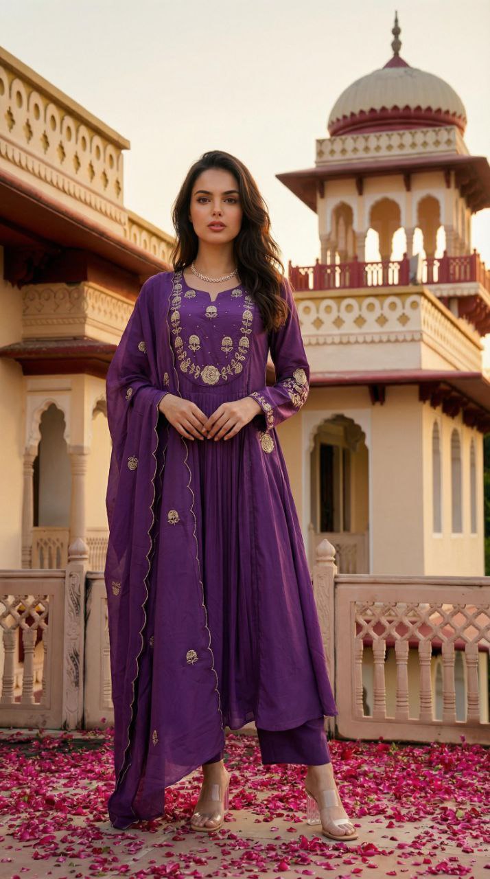 Royal Chanderi Silk Embroidered Suit Set with Organza Dupatta