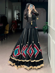 Classic Black Marble Navratri Lehenga Choli Set with Sheer Tunic & Cowrie Bell Detailing