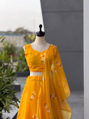 Mustard Yellow Jimmy Organza Silk Digital Printed Lehenga Set with Matching Dupatta