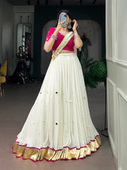 RoopRangi Women's Premium Mirror Work Lehenga Choli Set with Dupatta | White & Rani Pink
