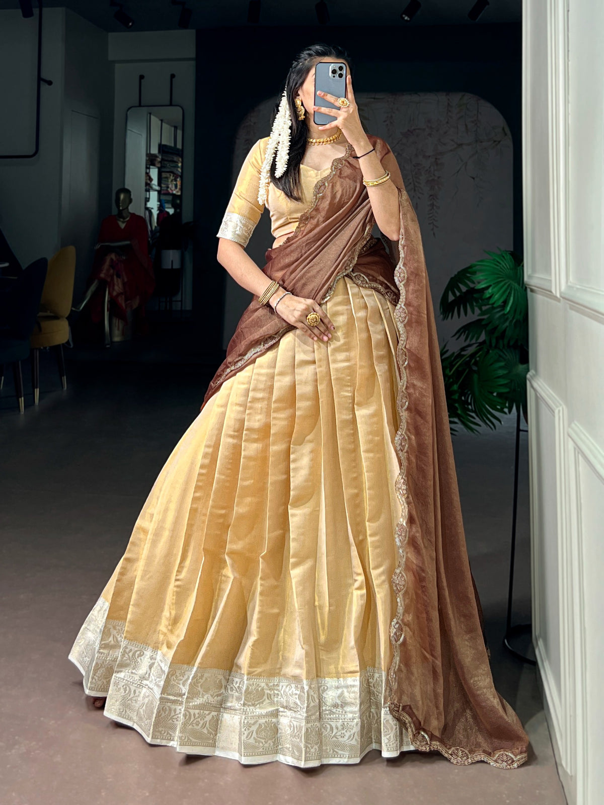 Kanchipuram Silk Lehenga Choli Set with Zari Weaving & Embroidered Zari Shimmer Dupatta | Designer Wedding & Festive Lehenga for Women